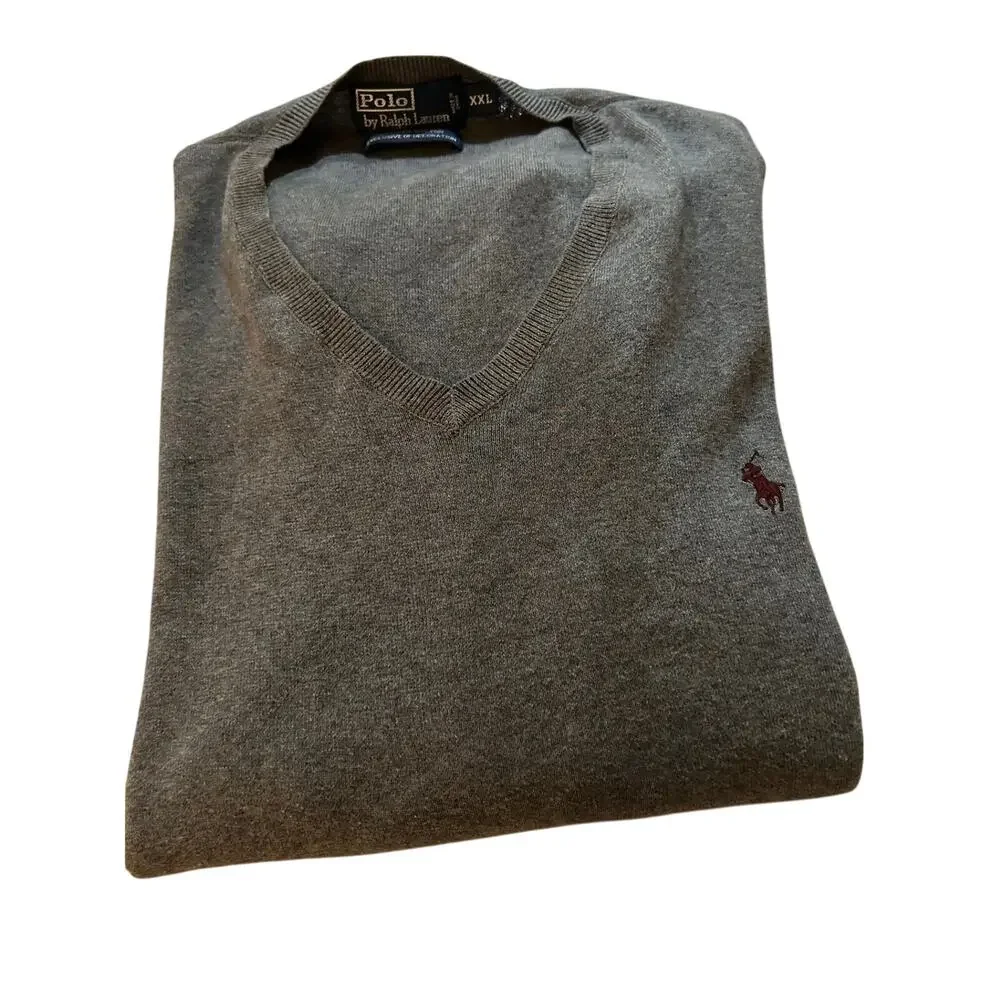 Polo Ralph Lauren Mens Sweater XXL Grey VNeck Pullover Cotton Pony Preppy